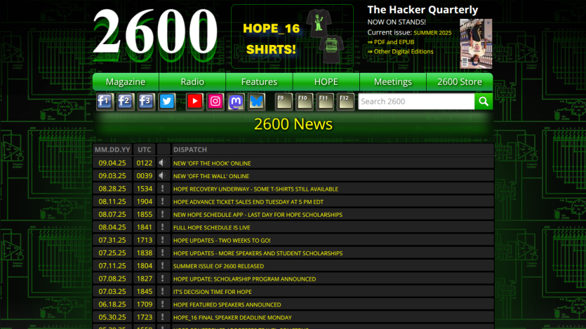 Homepage of 2600 Magazine featuring news articles and navigation links.
