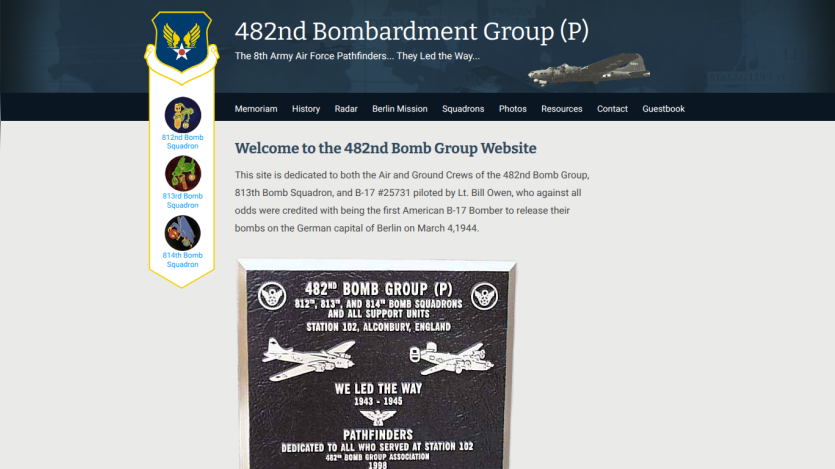 Homepage of the 482nd Bomb Group website with a welcome message and historical context.