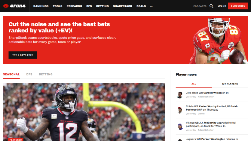 Sports website homepage featuring NFL player image, top navigation, and headline about best bets ranked by value