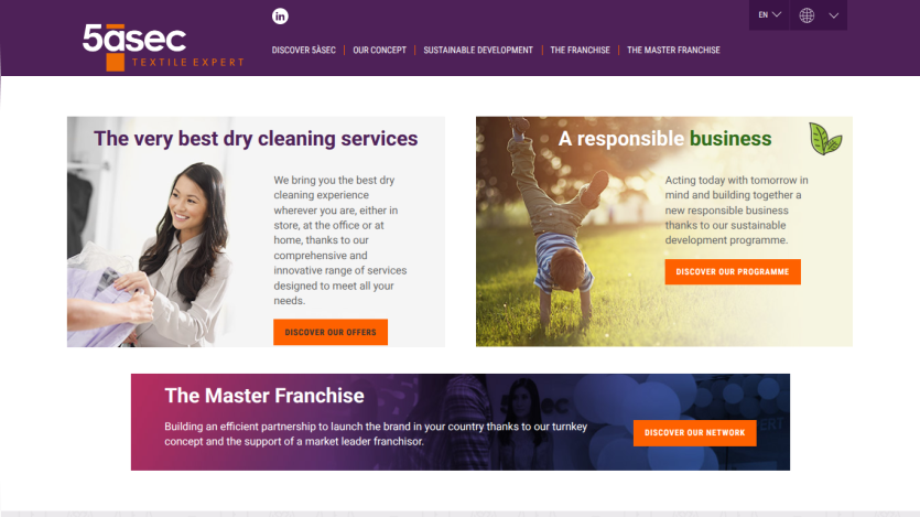 Homepage featuring dry cleaning services and franchise opportunities with call-to-action buttons.
