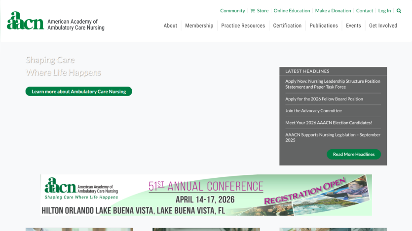 American Academy of Ambulatory Care Nursing homepage with navigation, latest headlines, and 51st Annual Conference announcement
