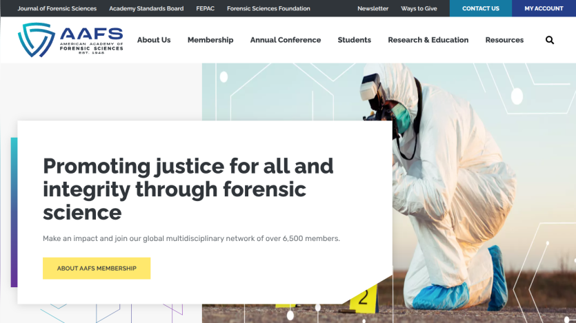 AAFS homepage promoting justice through forensic science with call to action button