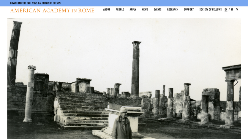 American Academy in Rome website with navigation and black-and-white photo of ancient Roman ruins and a person in the foreground.