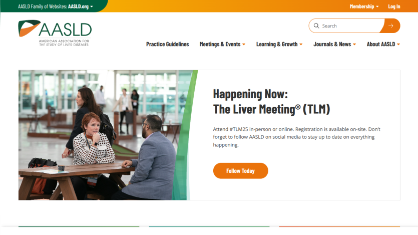 AASLD website promoting the Liver Meeting with a call to action to follow today, featuring a woman working on a laptop in a cafe.