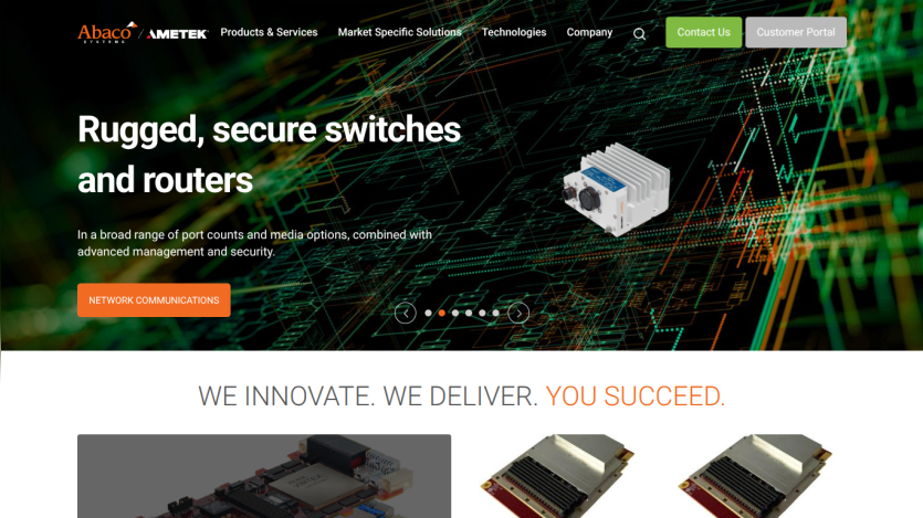 Homepage featuring rugged switches and routers with a call to action button.