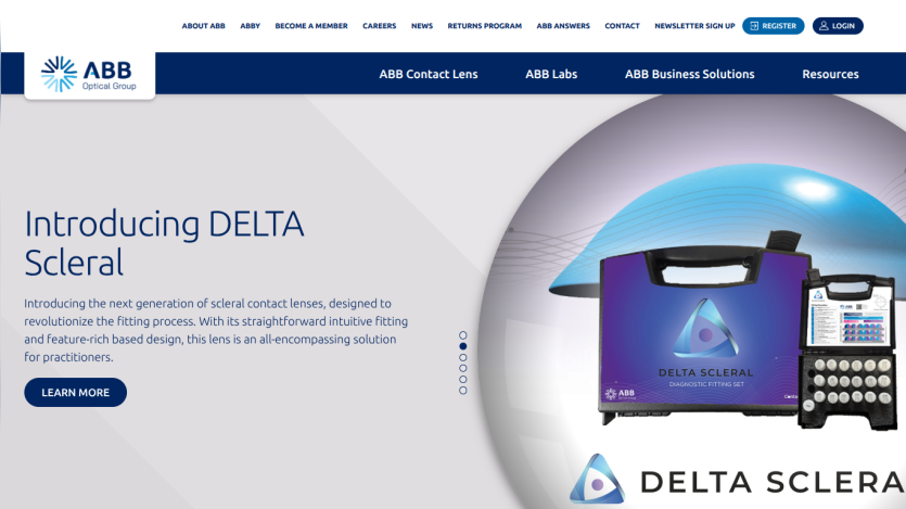 Website introducing DELTA Scleral contact lenses with a diagnostic fitting set and product description