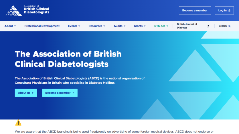 Homepage of the Association of British Clinical Diabetologists with navigation and membership options