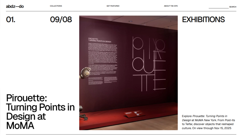 Exhibition title 'Pirouette: Turning Points in Design at MoMA' on a red wall with descriptive text.