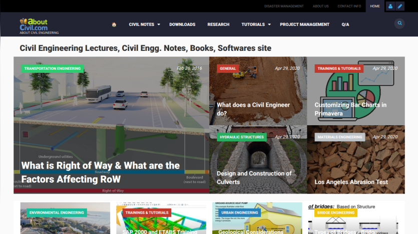 Civil engineering site homepage featuring lectures, notes, books, and software with articles on transportation, hydraulic structures, and materials engineering