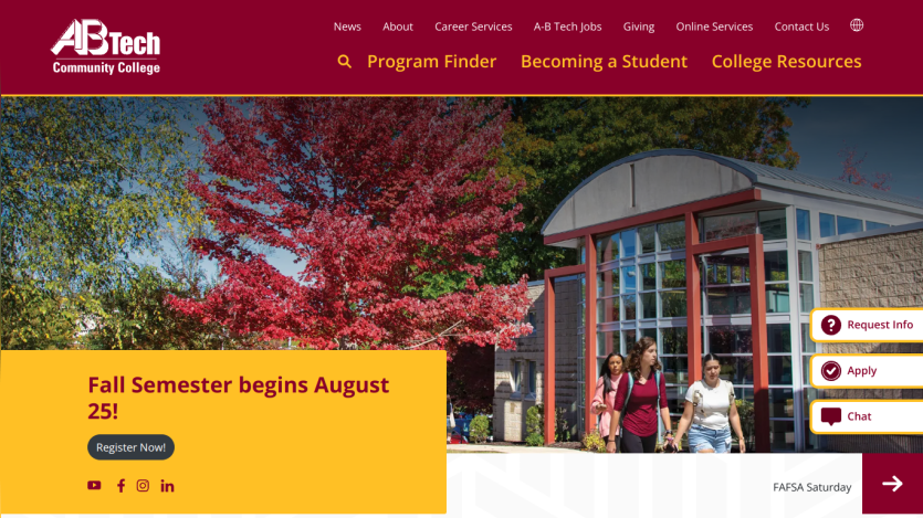 AB Tech Community College homepage promoting Fall Semester enrollment.
