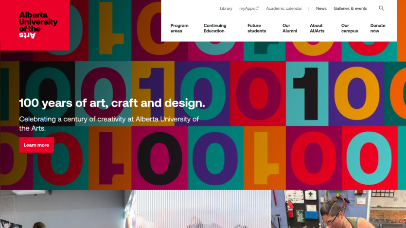 Homepage of Alberta University of the Arts celebrating 100 years of art, craft, and design.