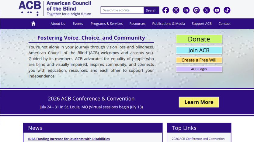 ACB website header with navigation, mission statement, and conference details.