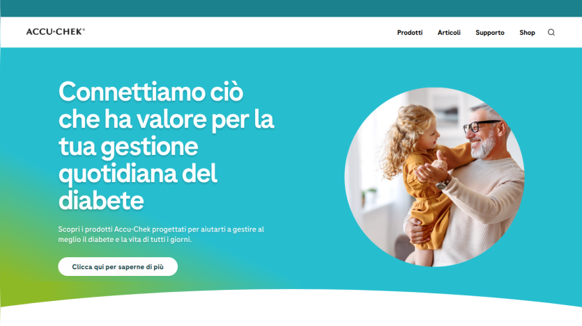 Accu-Chek homepage connecting valuable diabetes management with a smiling elderly man and child, navigation links at top