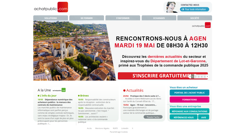 Event announcement for a meeting in Agen on May 19, with a registration button.