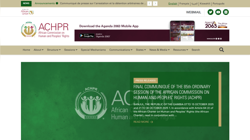 African Commission on Human and Peoples' Rights website with announcement of the 85th ordinary session final communiqué