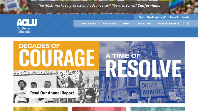 ACLU Northern California homepage featuring 'Decades of Courage' and 'A Time of Resolve' sections.