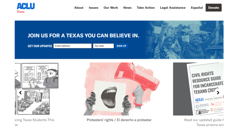 ACLU Texas website with navigation menu, call to join for updates, and featured content on civil rights and protests