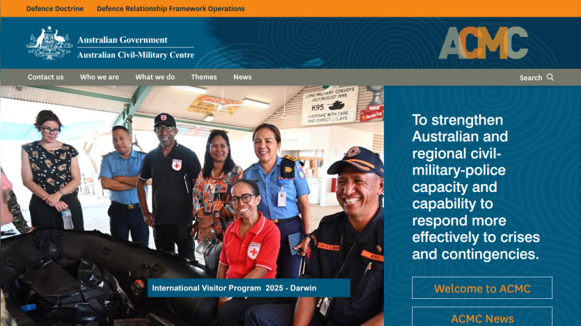 Australian Civil-Military Centre homepage with group photo and mission statement to strengthen civil-military-police capacity