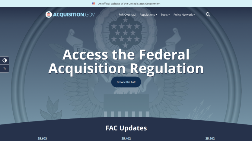 Homepage featuring access to the Federal Acquisition Regulation with a prominent button to browse the site.