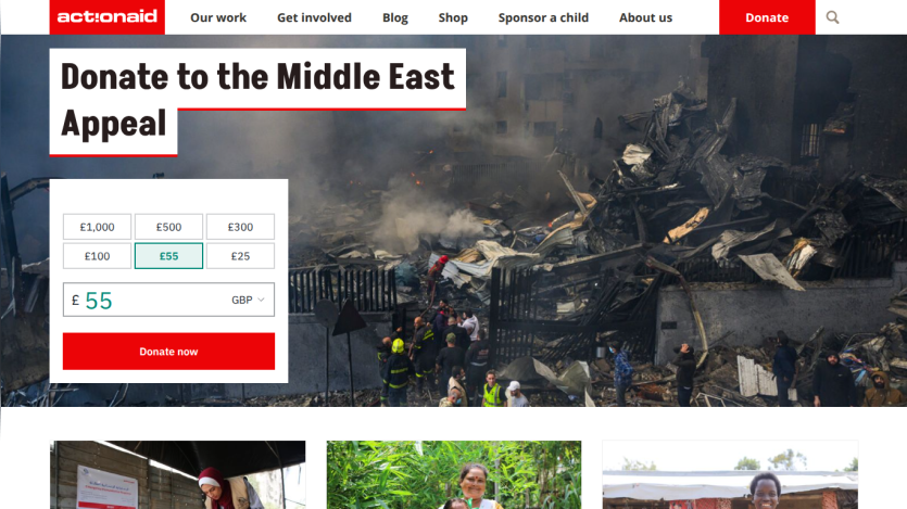 Donation section for the Middle East Appeal with options to contribute.