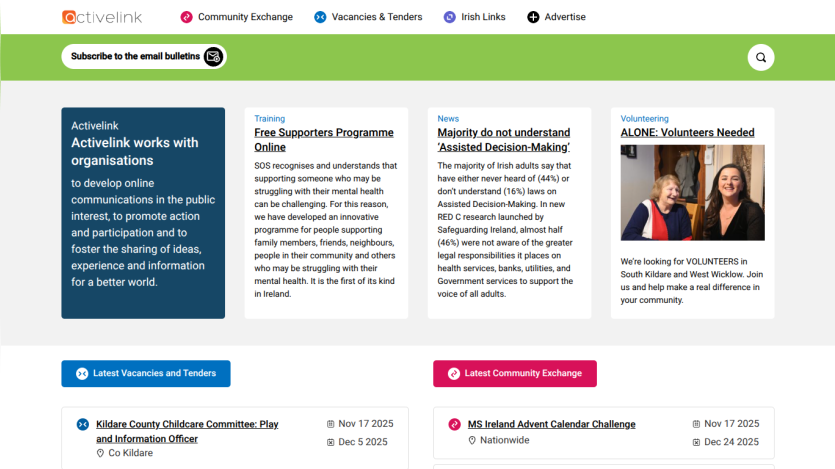 Activelink homepage promoting online communications for public interest with news, training, volunteering, and latest vacancies sections