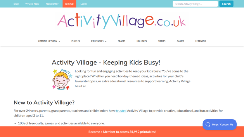 Activity Village homepage promoting resources for kids with a cheerful character and key text.