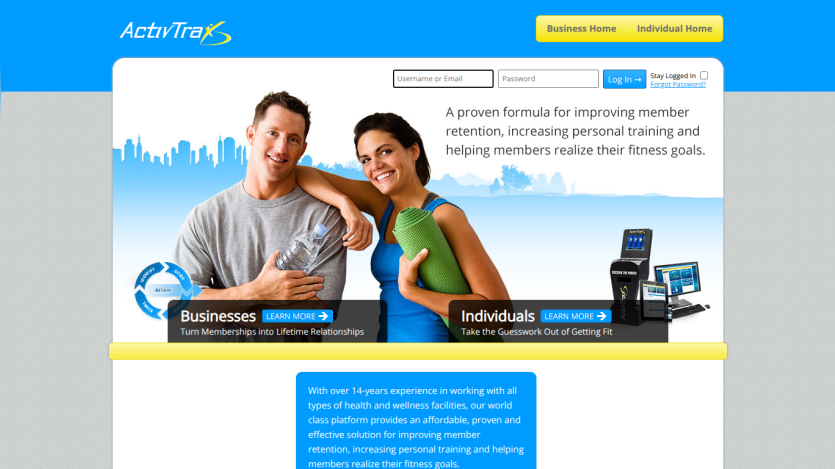 Homepage of ActiTrax featuring fitness solutions for businesses and individuals.