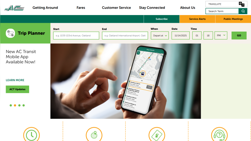 Trip Planner page showing a hand holding a phone with a transit app map, navigation menu, and options for trip planning