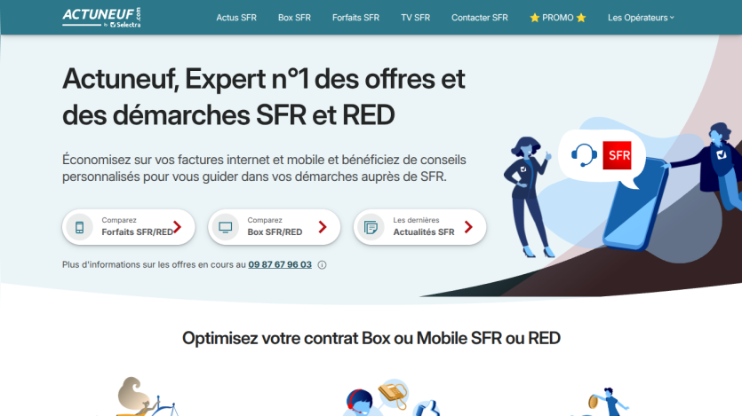 Homepage of Actuneuf promoting SFR and RED offers with navigation buttons.
