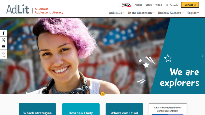 AdLit website homepage featuring adolescent literacy resources with a smiling young person and navigation menu