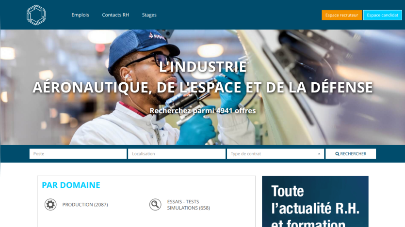 Homepage featuring aerospace and defense industry information with a search bar.