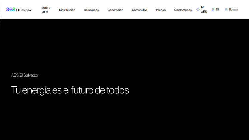 AES El Salvador website header and hero with slogan 'Tu energía es el futuro de todos'