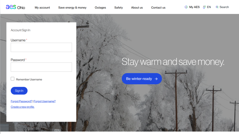 AES Ohio login page with username and password fields and winter energy saving promotion