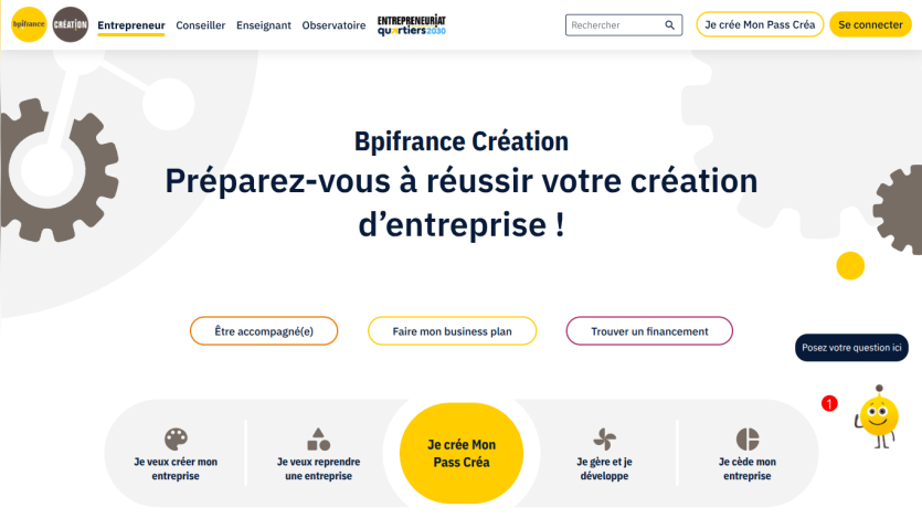 Bpifrance Création homepage encouraging successful business creation with navigation and call-to-action buttons