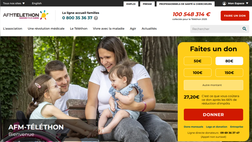 Homepage of AFM-Téléthon featuring a family and a donation call-to-action.