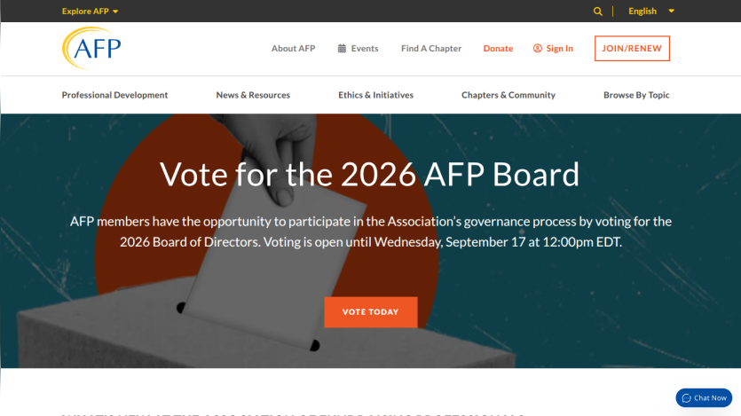 Voting announcement for the 2026 AFP Board with a call to action button.