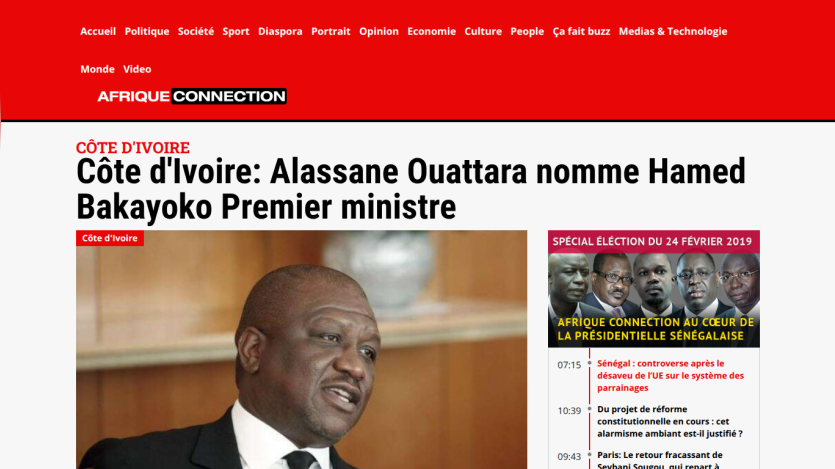 Côte d'Ivoire news headline about Hamed Bakayoko's appointment as Prime Minister.