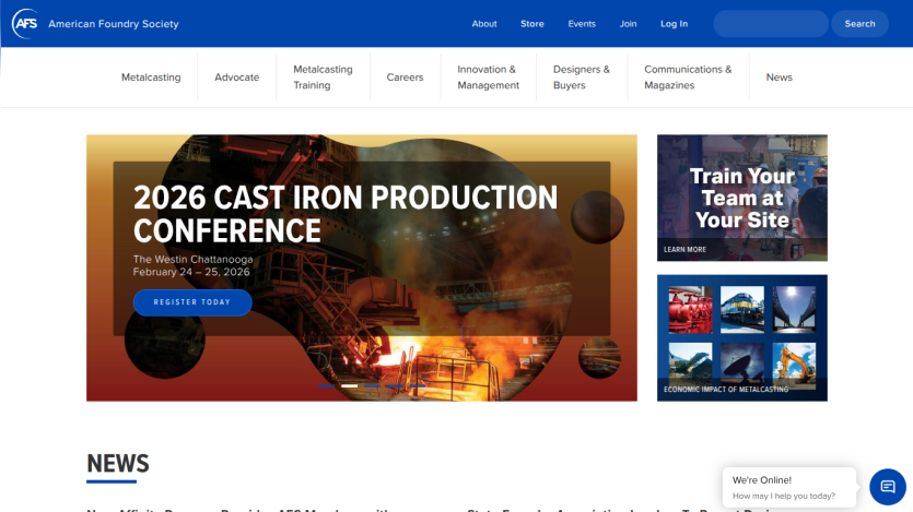 American Foundry Society homepage featuring 2026 Cast Iron Production Conference registration and metalcasting industry news