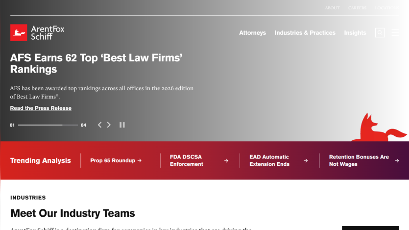 Law firm homepage highlighting top 20 'Best Law Firms' ranking and industry teams overview