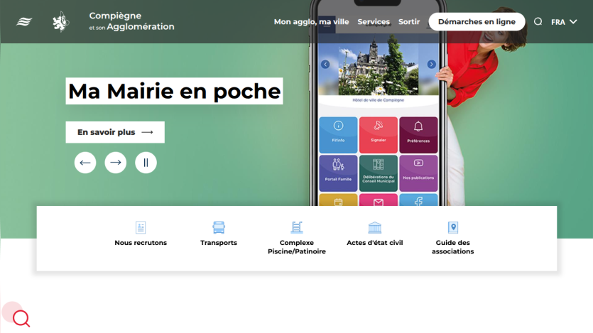 City of Compiègne website homepage with navigation and a mobile app promotion titled 'Ma Mairie en poche'