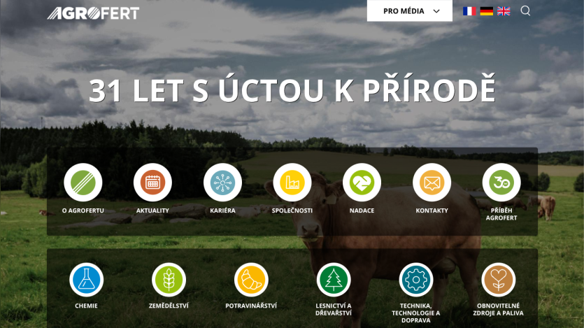Agrofert website with headline about 31 years of nature respect and navigation icons for company info, news, career, and more