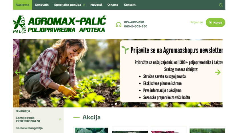 Agromax-Palić agricultural pharmacy homepage with navigation, contact info, newsletter signup, and promotional images.