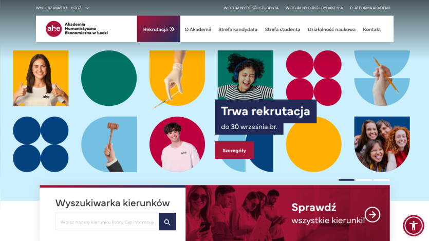 Website promoting recruitment with colorful graphics and a call to action for course search.