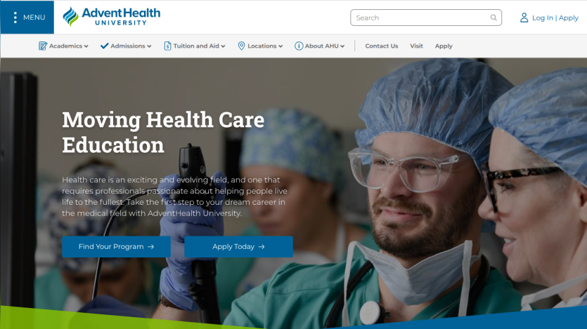Healthcare professionals in surgical attire with headline about moving health care education and call-to-action buttons