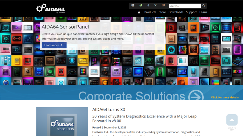 Corporate solutions section of ADM64 website with logo and description.