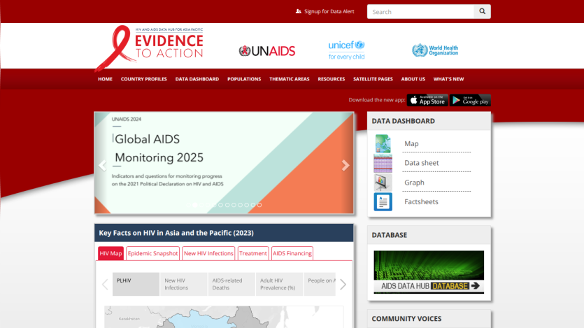 HIV and AIDS data hub for Asia-Pacific featuring World AIDS Day Report 2024, key facts on HIV, and data dashboard links.