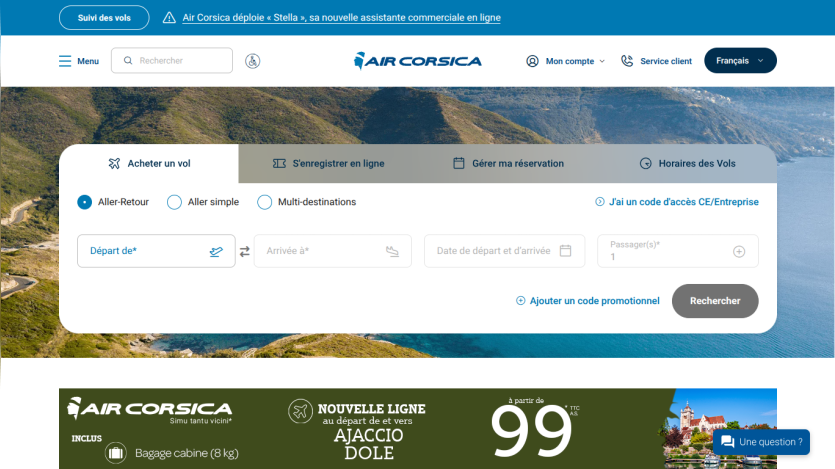 Flight booking interface with departure and arrival options, featuring a scenic background.