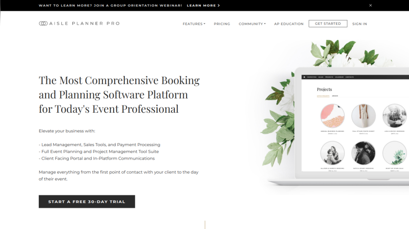Comprehensive booking and planning software platform for event professionals with a call to action.
