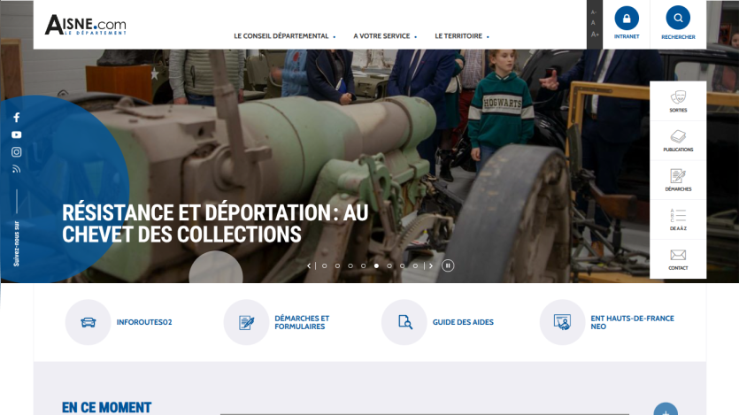 Aisne.com departmental website with navigation, a hero image about resistance and deportation collections, and service links