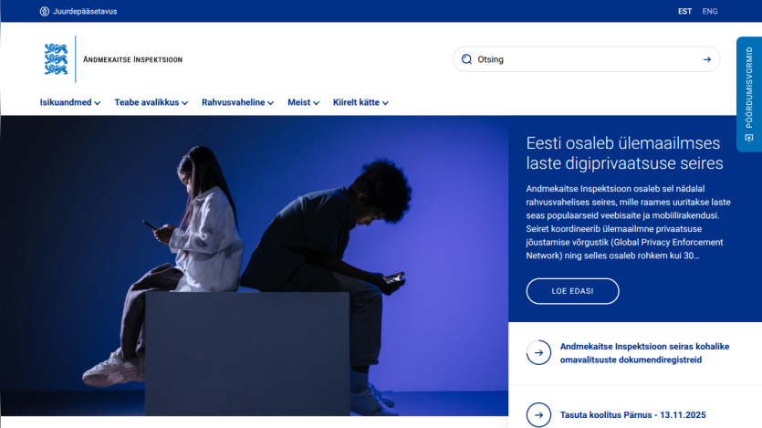 Estonian Data Protection Inspectorate homepage with navigation, search, and news about global child digital privacy monitoring